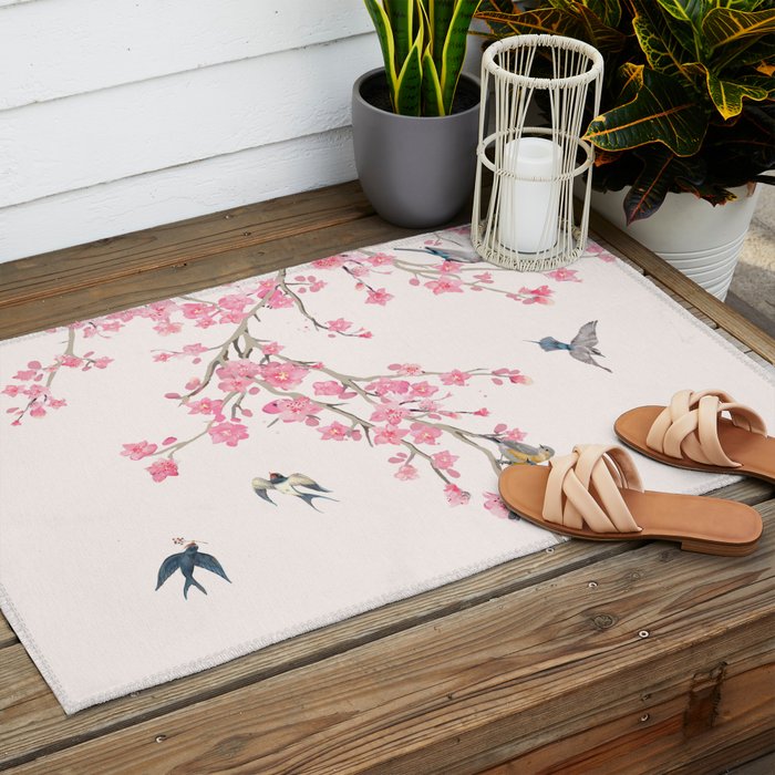 Birds and cherry blossoms Outdoor Rug Gallery Image 2