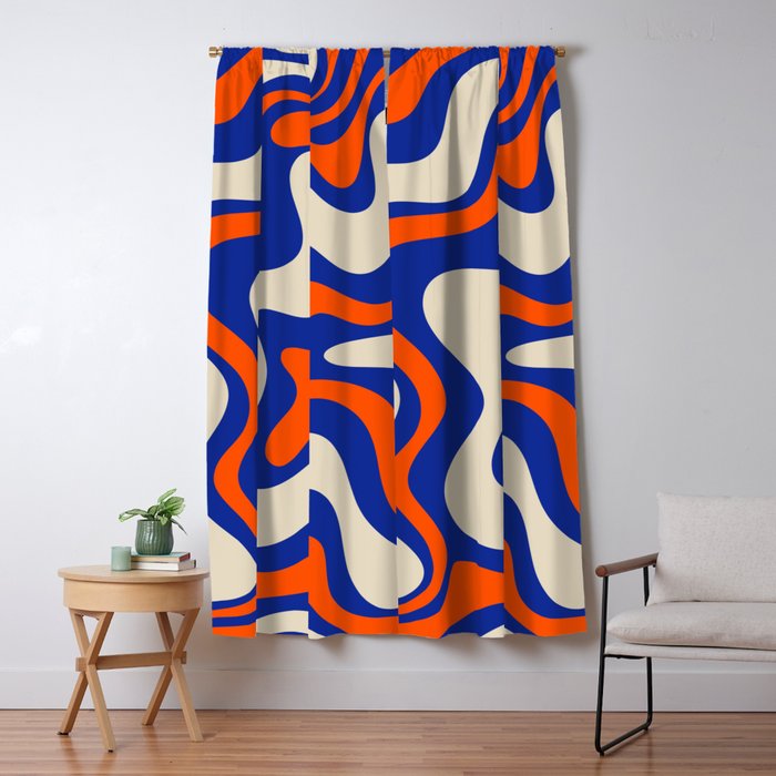 Bold and Groovy Retro Liquid Swirl Abstract Pattern Cobalt Blue and Orange Window Curtain Gallery Image 5