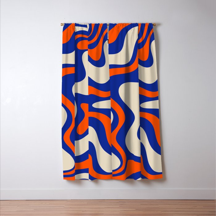 Bold and Groovy Retro Liquid Swirl Abstract Pattern Cobalt Blue and Orange Window Curtain Gallery Image 3