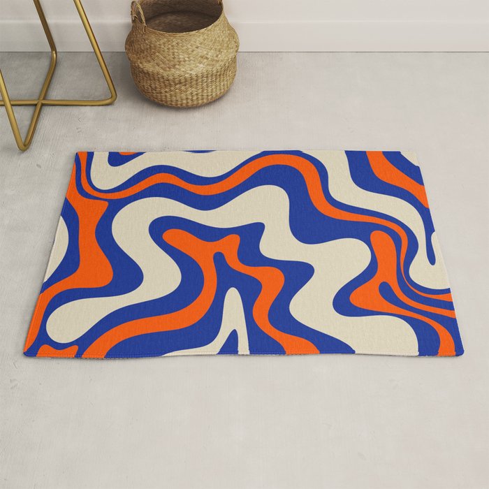 Bold and Groovy Retro Liquid Swirl Abstract Pattern Cobalt Blue and Orange Rug Gallery Image 1