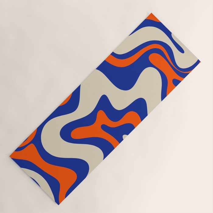 Bold and Groovy Retro Liquid Swirl Abstract Pattern Cobalt Blue and Orange Yoga Mat Gallery Image 1