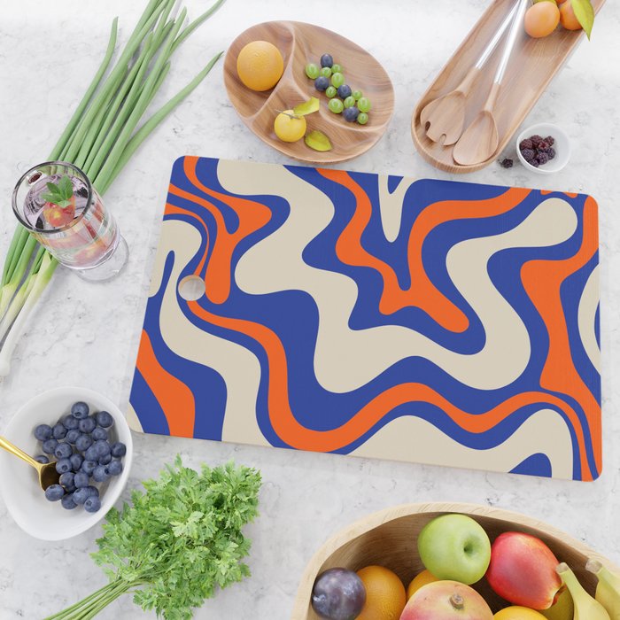 Bold and Groovy Retro Liquid Swirl Abstract Pattern Cobalt Blue and Orange Cutting Board Gallery Image 2