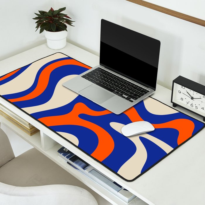 Bold and Groovy Retro Liquid Swirl Abstract Pattern Cobalt Blue and Orange Desk Mat Gallery Image 2