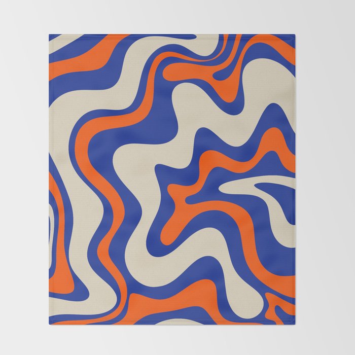 Bold and Groovy Retro Liquid Swirl Abstract Pattern Cobalt Blue and Orange Throw Blanket Gallery Image 2