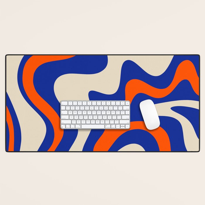 Bold and Groovy Retro Liquid Swirl Abstract Pattern Cobalt Blue and Orange Desk Mat Gallery Image 1