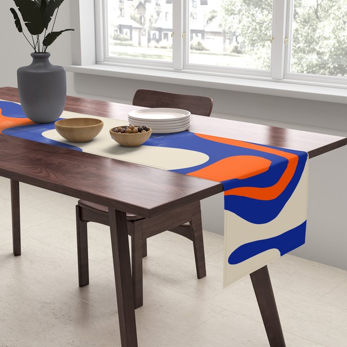 Bold and Groovy Retro Liquid Swirl Abstract Pattern Cobalt Blue and Orange Table Runner Gallery Image 2