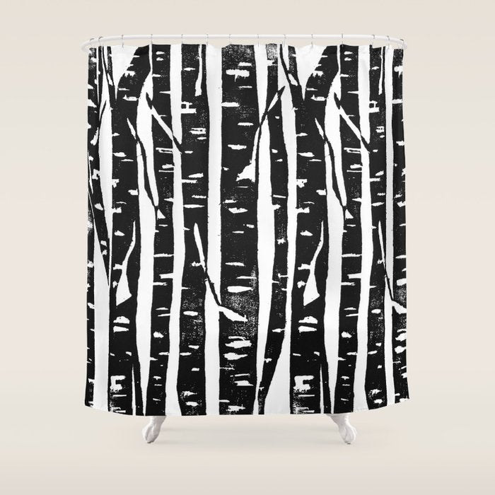 Woodcut Birches Black Shower Curtain Gallery Image 1