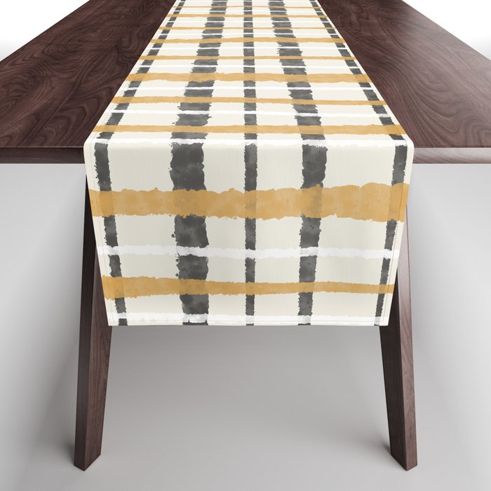 Hygge Plaid Painted Stripe Pattern Ochre Charcoal Cream Table Runner Gallery Image 1