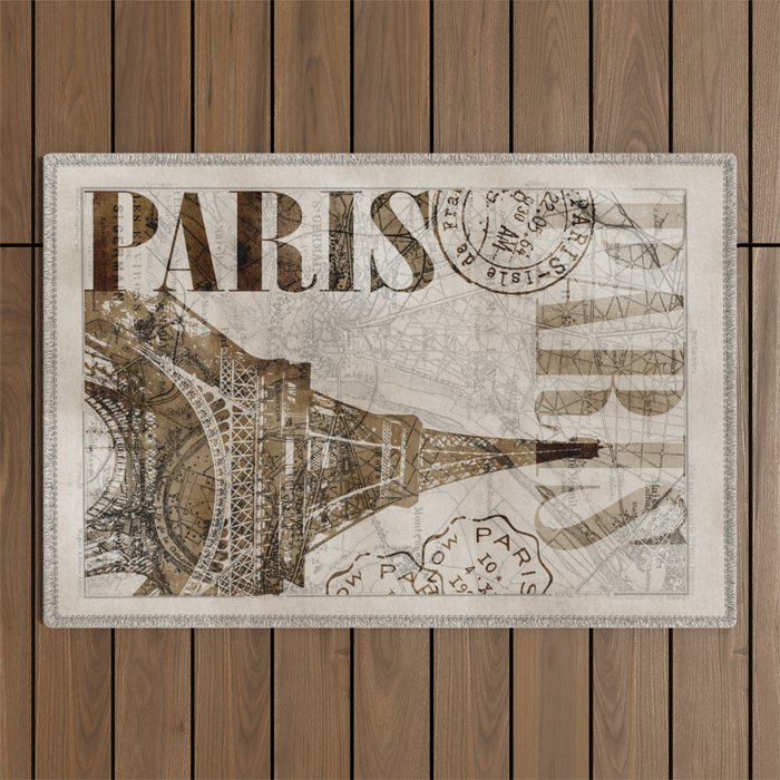 Vintage Paris eiffel tower illustration Outdoor Rug Gallery Image 1