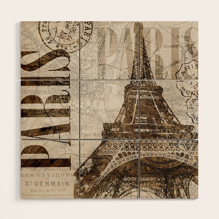 Vintage Paris eiffel tower illustration Wood Wall Art Gallery Image 1