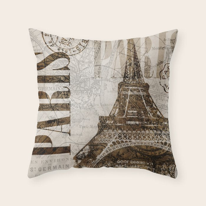Vintage Paris eiffel tower illustration Throw Pillow Gallery Image 1