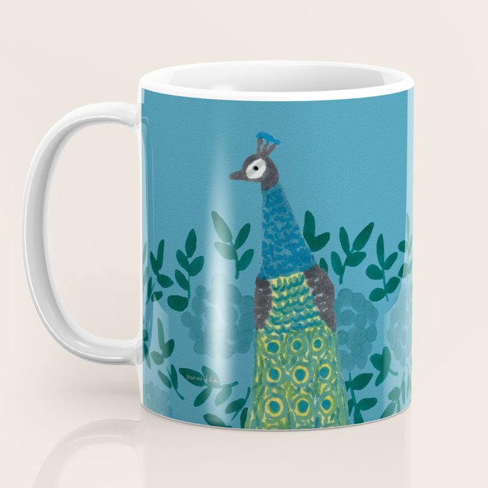 Peacock and Flower - Teal and Blue Coffee Mug Gallery Image 3