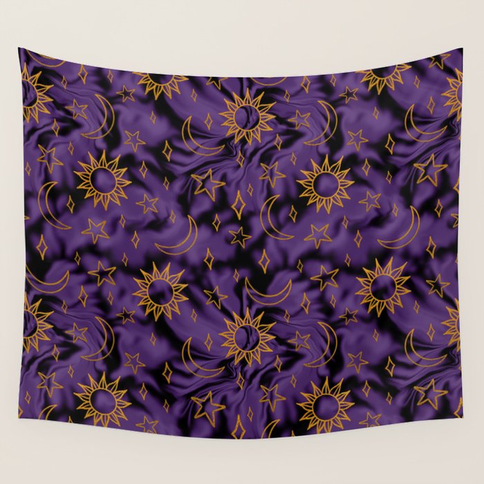 Tie Dye Moon and Stars Print in Purple Wall Tapestry Gallery Image 1