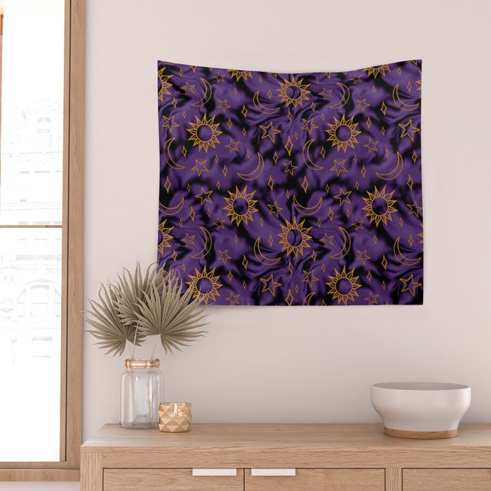 Tie Dye Moon and Stars Print in Purple Wall Tapestry Gallery Image 2