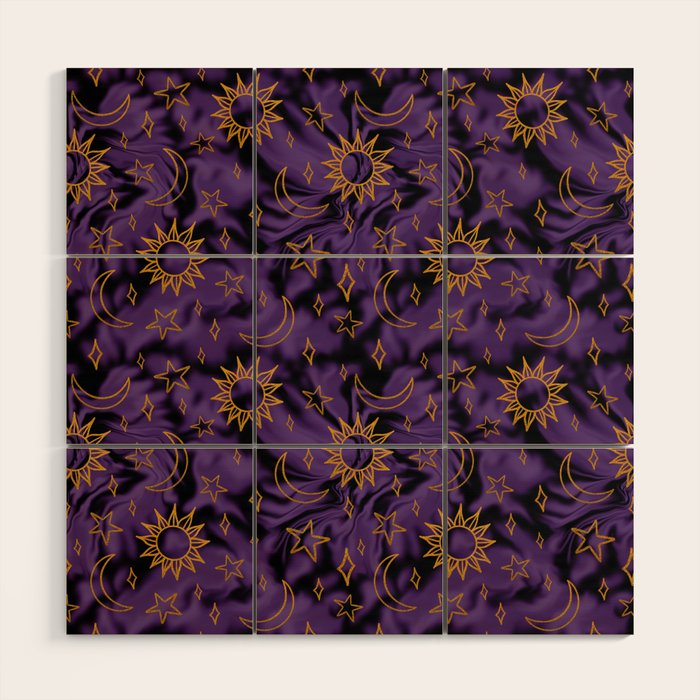 Tie Dye Moon and Stars Print in Purple Wood Wall Art Gallery Image 1