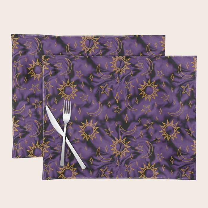 Tie Dye Moon and Stars Print in Purple Placemat Gallery Image 1