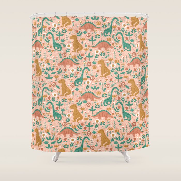 Folk Floral Dinosaurs in Pink Shower Curtain Gallery Image 1
