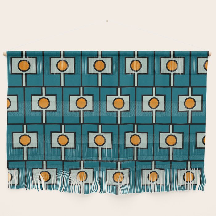 Mid Century Modern Rektangel Geometric Pattern Teal Blue and Orange Wall Hanging Gallery Image 1