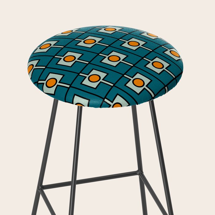Mid Century Modern Rektangel Geometric Pattern Teal Blue and Orange Stool Gallery Image 2