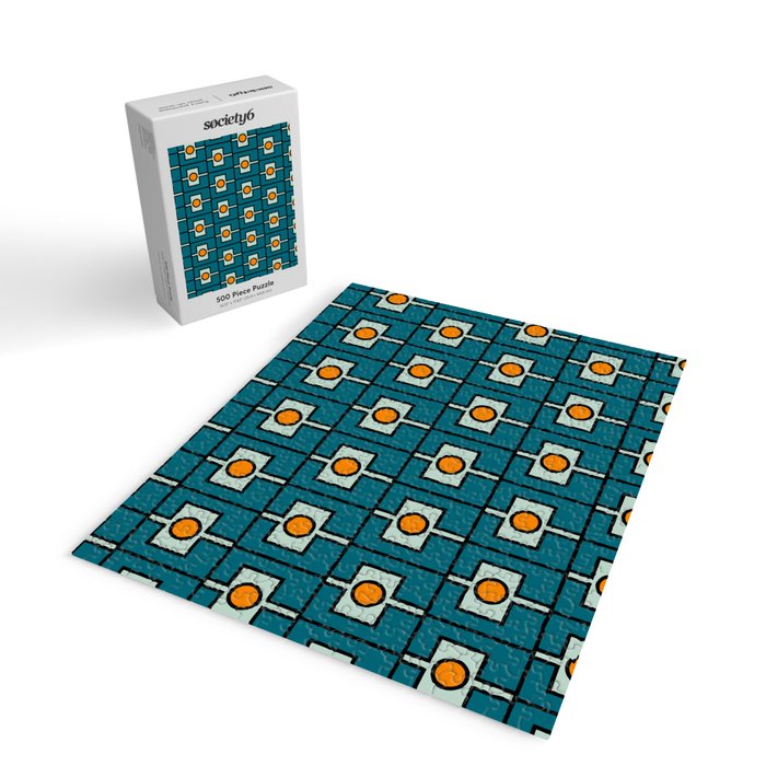 Mid Century Modern Rektangel Geometric Pattern Teal Blue and Orange Jigsaw Puzzle Gallery Image 2