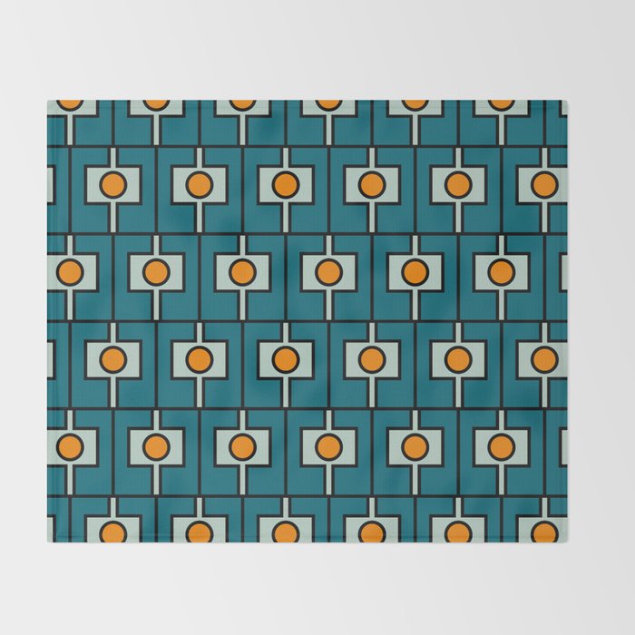 Mid Century Modern Rektangel Geometric Pattern Teal Blue and Orange Throw Blanket Gallery Image 2