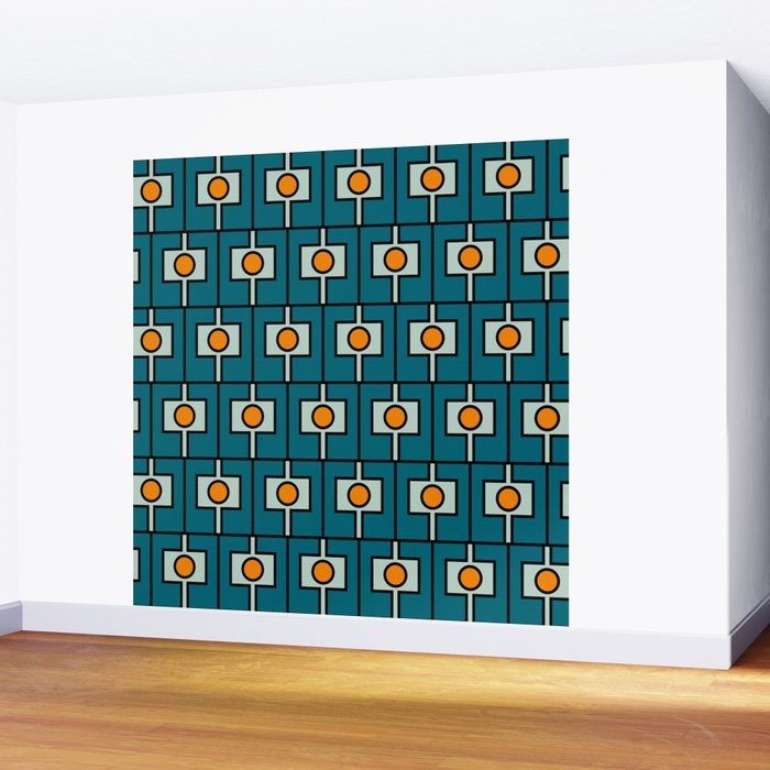 Mid Century Modern Rektangel Geometric Pattern Teal Blue and Orange Wall Mural Gallery Image 2