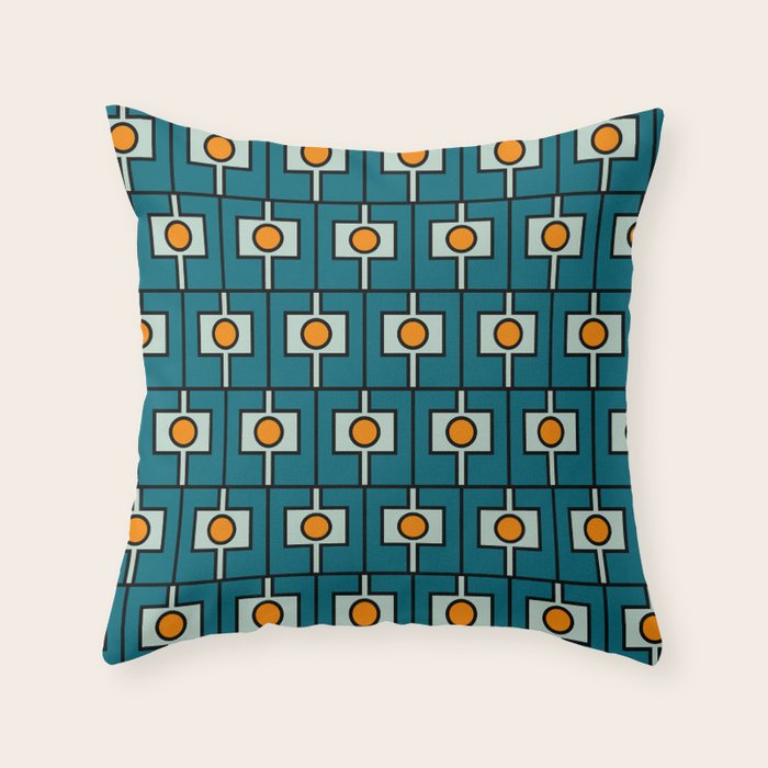 Mid Century Modern Rektangel Geometric Pattern Teal Blue and Orange Throw Pillow Gallery Image 1