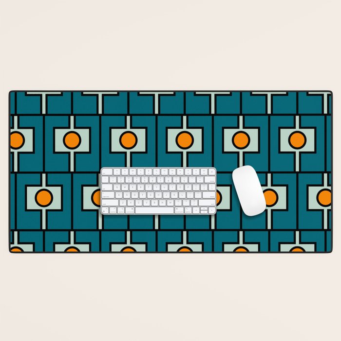 Mid Century Modern Rektangel Geometric Pattern Teal Blue and Orange Desk Mat Gallery Image 1