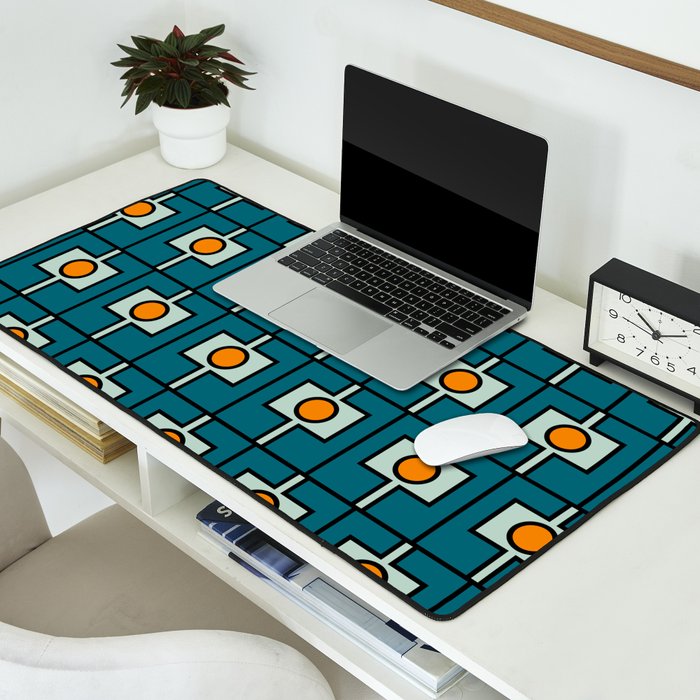 Mid Century Modern Rektangel Geometric Pattern Teal Blue and Orange Desk Mat Gallery Image 2