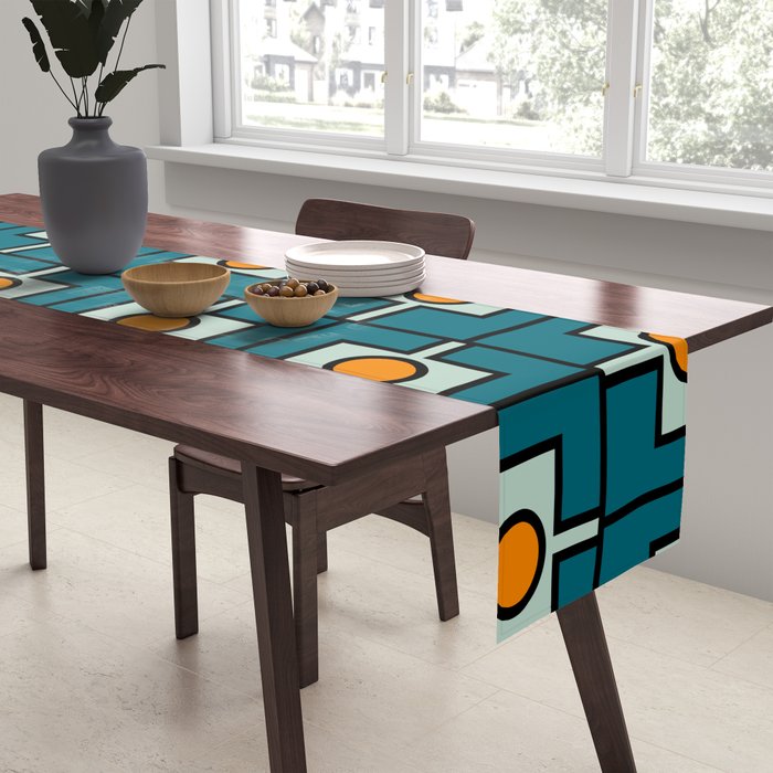 Mid Century Modern Rektangel Geometric Pattern Teal Blue and Orange Table Runner Gallery Image 2