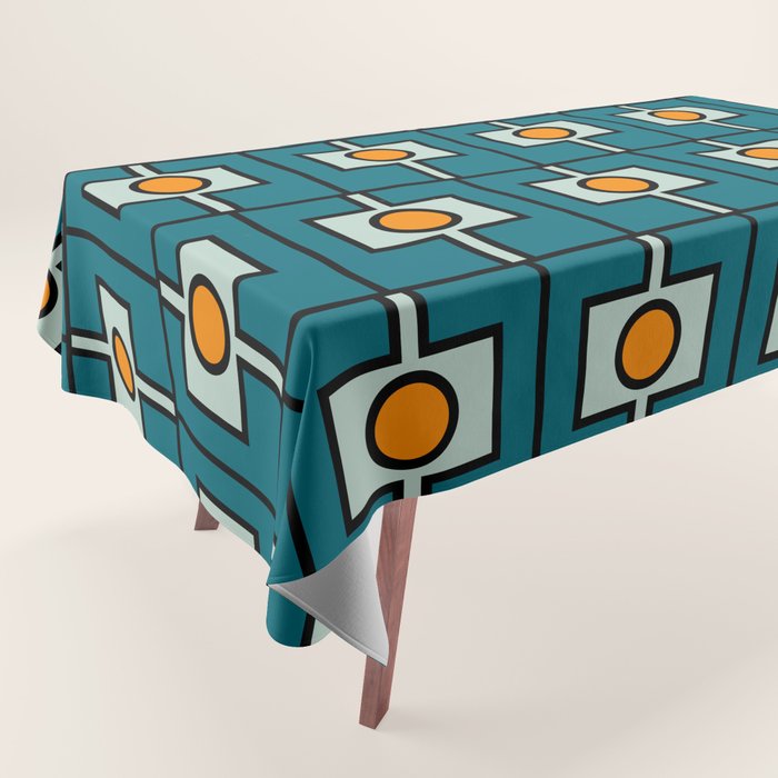 Mid Century Modern Rektangel Geometric Pattern Teal Blue and Orange Tablecloth Gallery Image 1