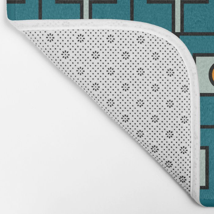 Mid Century Modern Rektangel Geometric Pattern Teal Blue and Orange Bath Mat Gallery Image 2