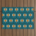 Mid Century Modern Rektangel Geometric Pattern Teal Blue and Orange Outdoor Rug Gallery Image 1