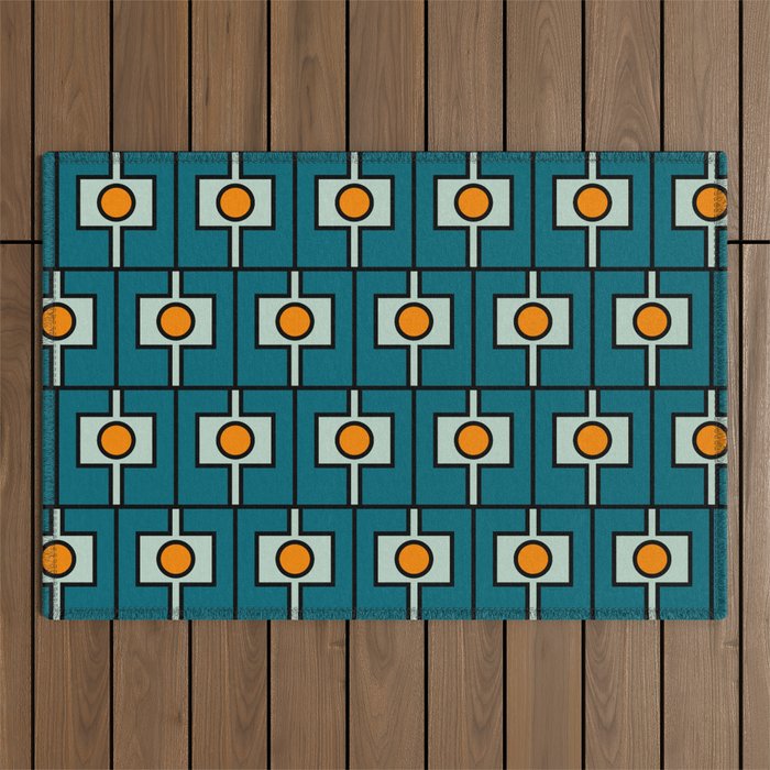 Mid Century Modern Rektangel Geometric Pattern Teal Blue and Orange Outdoor Rug Gallery Image 1