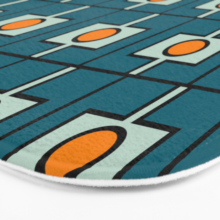Mid Century Modern Rektangel Geometric Pattern Teal Blue and Orange Bath Mat Gallery Image 3