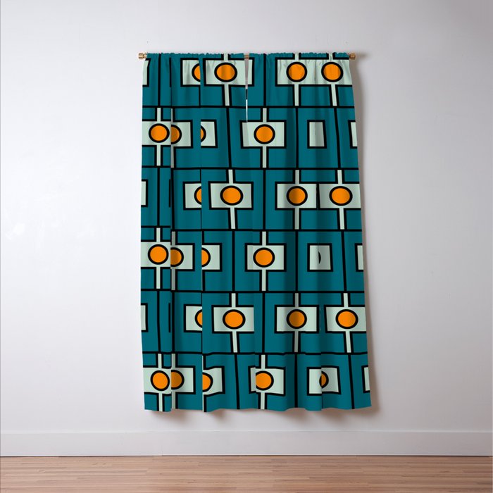 Mid Century Modern Rektangel Geometric Pattern Teal Blue and Orange Window Curtain Gallery Image 3