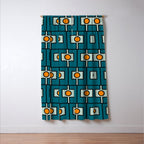 Mid Century Modern Rektangel Geometric Pattern Teal Blue and Orange Window Curtain Gallery Image 3