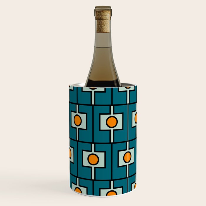 Mid Century Modern Rektangel Geometric Pattern Teal Blue and Orange Wine Chiller Gallery Image 1
