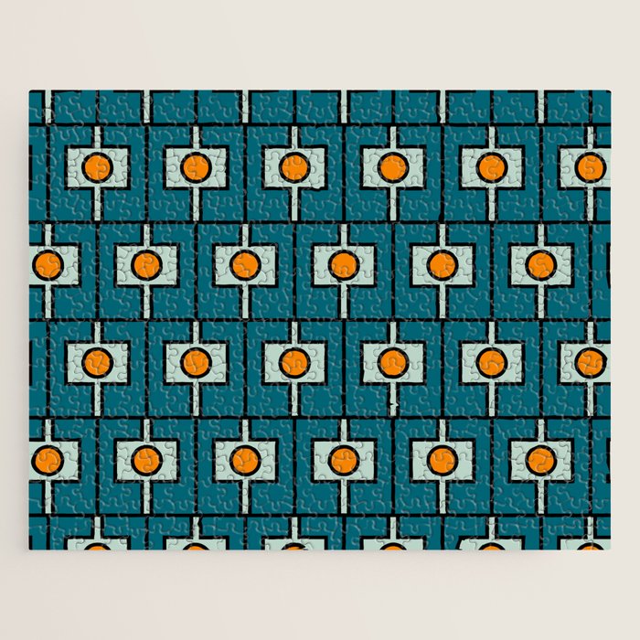 Mid Century Modern Rektangel Geometric Pattern Teal Blue and Orange Jigsaw Puzzle Gallery Image 1