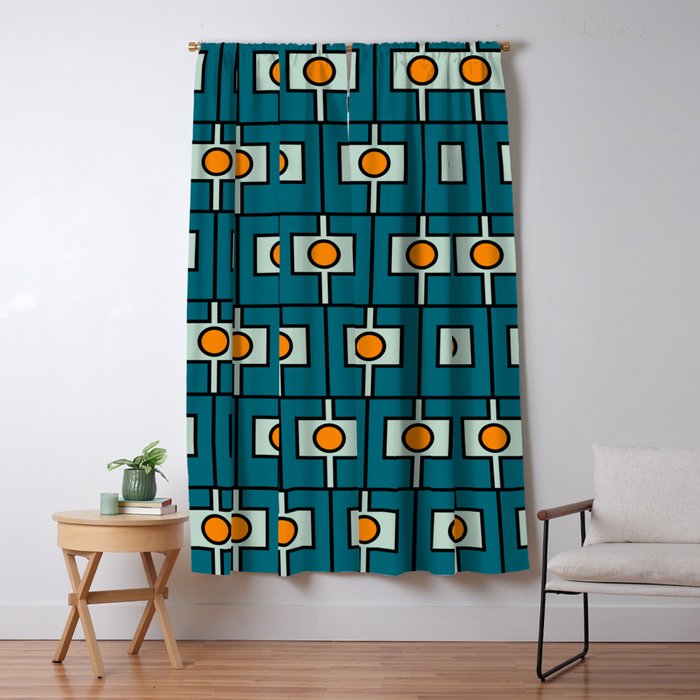 Mid Century Modern Rektangel Geometric Pattern Teal Blue and Orange Window Curtain Gallery Image 5