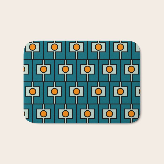Mid Century Modern Rektangel Geometric Pattern Teal Blue and Orange Bath Mat Gallery Image 1