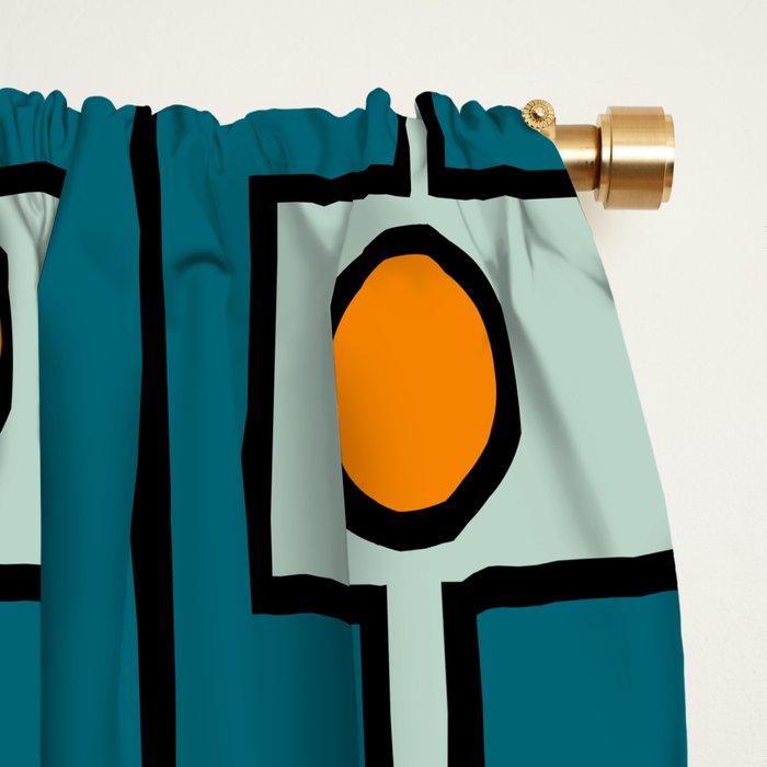 Mid Century Modern Rektangel Geometric Pattern Teal Blue and Orange Window Curtain Gallery Image 2