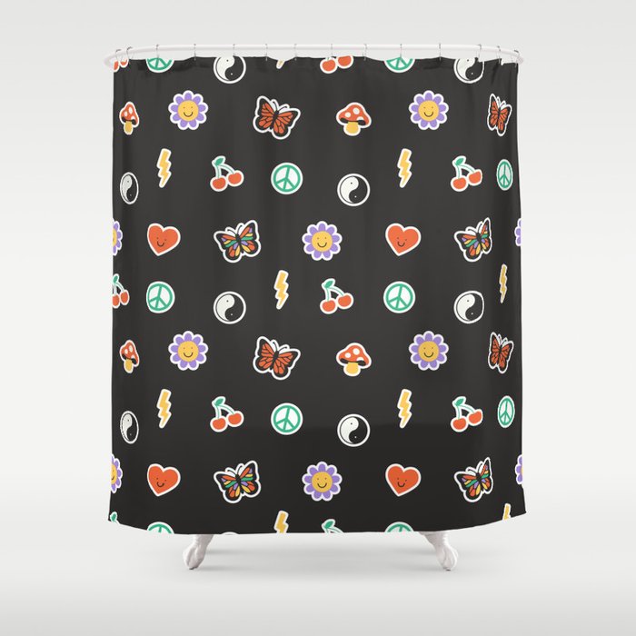Retro cartoon sticker doodle pattern Shower Curtain Gallery Image 1