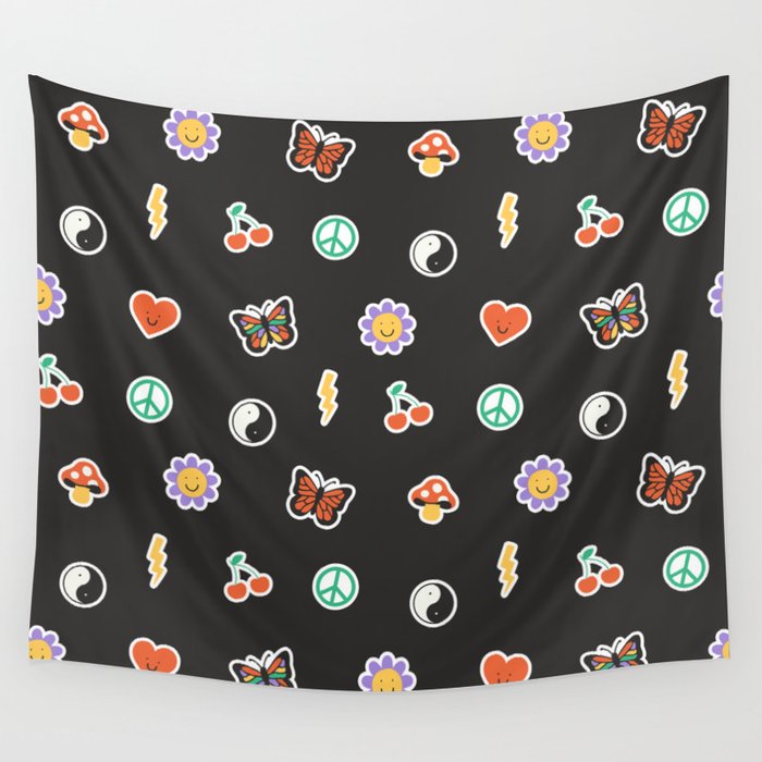 Retro cartoon sticker doodle pattern Wall Tapestry Gallery Image 4