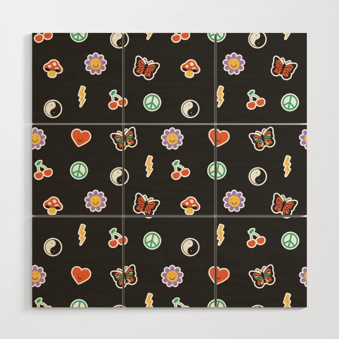Retro cartoon sticker doodle pattern Wood Wall Art Gallery Image 1
