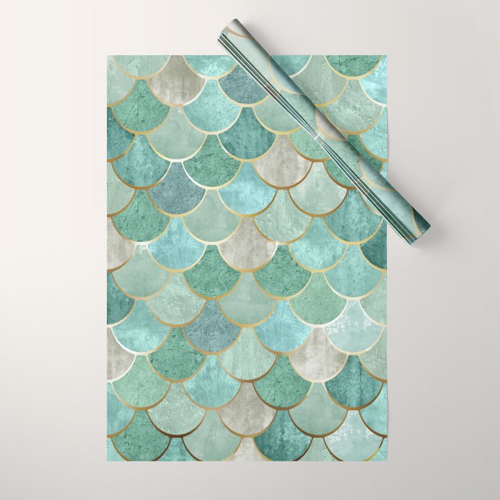 Moroccan Mermaid Fish Scale Pattern, Green and Gold Wrapping Paper Gallery Image 1