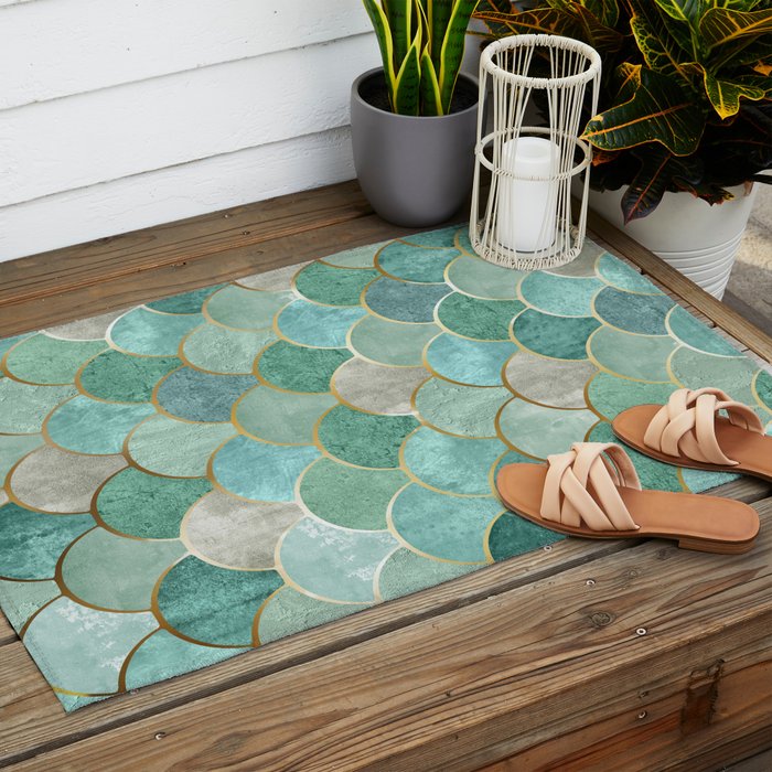 Moroccan Mermaid Fish Scale Pattern, Green and Gold Outdoor Rug Gallery Image 2