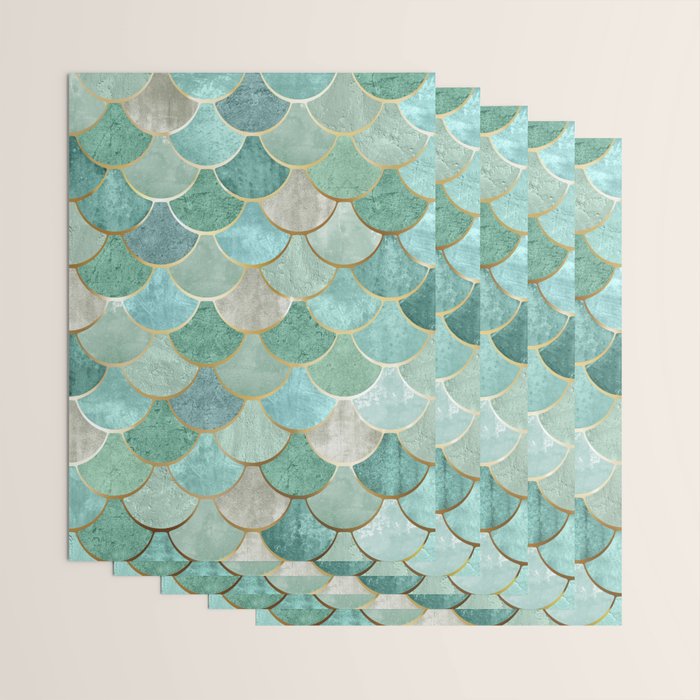 Moroccan Mermaid Fish Scale Pattern, Green and Gold Wrapping Paper Gallery Image 3