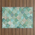 Moroccan Mermaid Fish Scale Pattern, Green and Gold Outdoor Rug Gallery Image 1