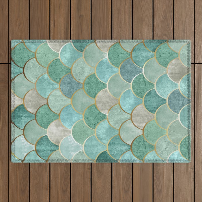 Moroccan Mermaid Fish Scale Pattern, Green and Gold Outdoor Rug Gallery Image 1